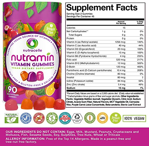 NUTRAMIN Daily Vegan Keto Multivitamin Gummies Vitamin C, D2, and Zinc for Immunity, Plant-Based, Sugar-Free, Nut-Free, Gluten-Free, with Biotin, Vitamin A, B, B6, B12 & More 90 Count, 45 Days