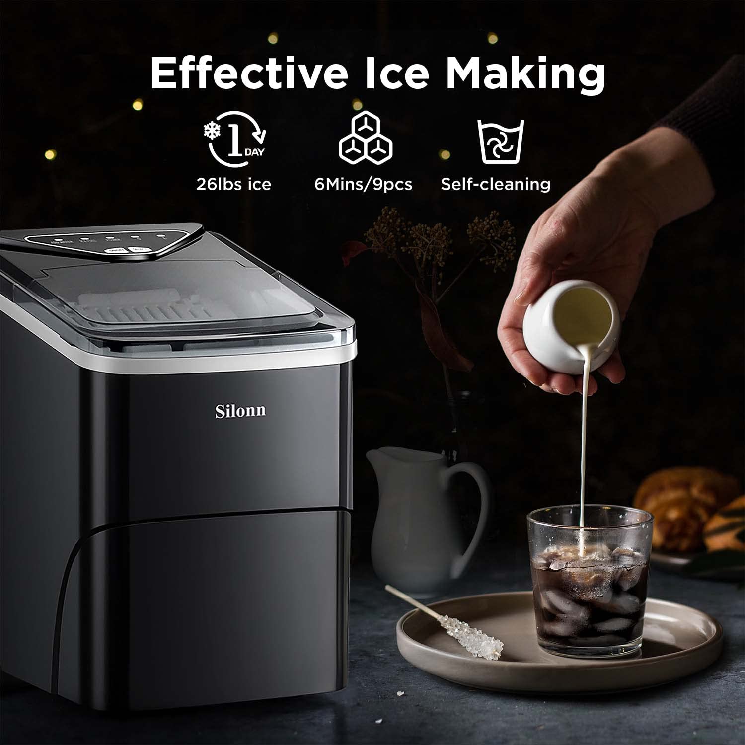 Silonn Ice Maker Countertop, 9 Cubes Ready in 6 Mins, 26lbs in 24Hrs, Self-Cleaning Ice Machine with Ice Scoop and Basket, 2 Sizes of Bullet Ice for Home Kitchen Office Bar Party