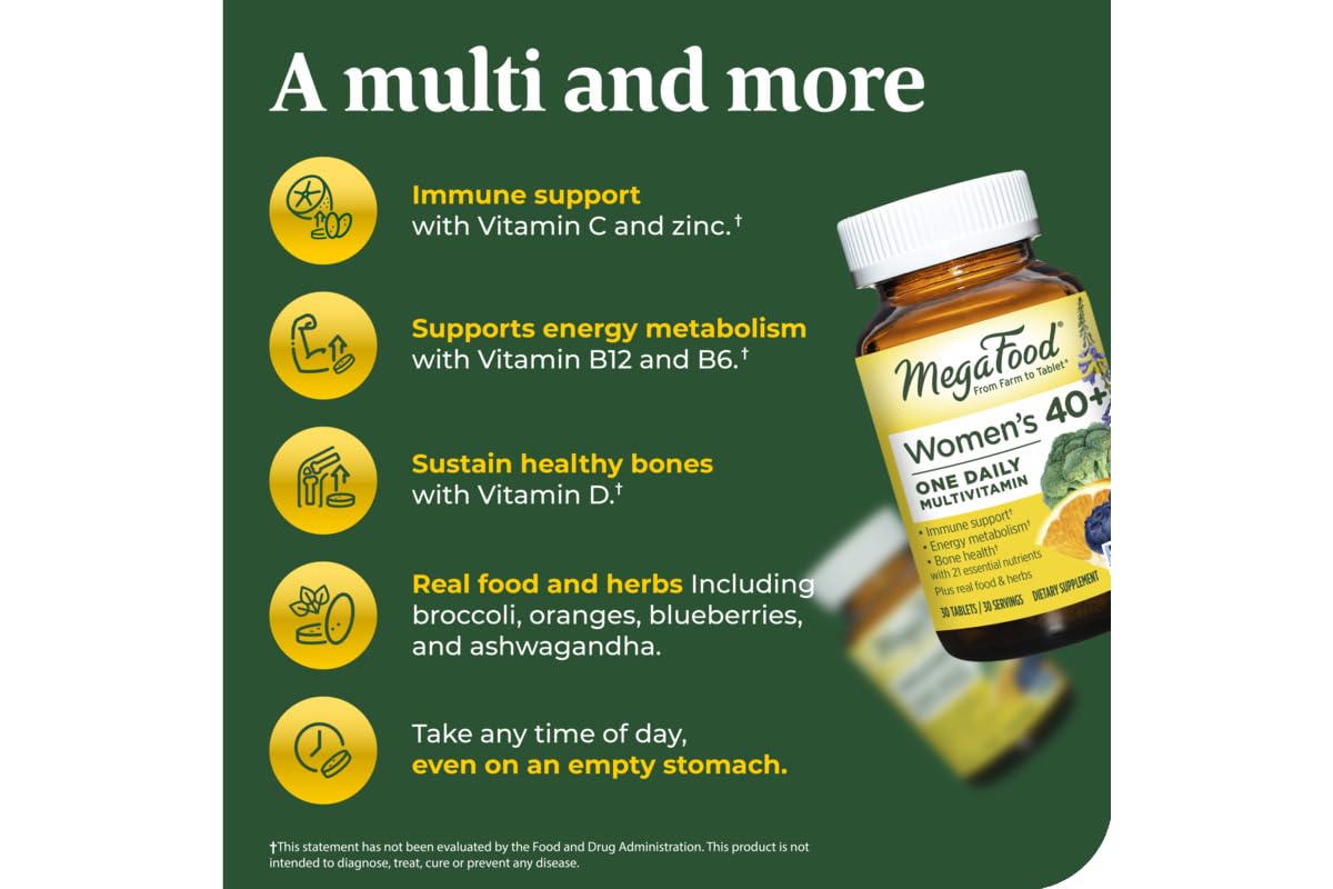 MegaFood Women's 40+ One Daily Multivitamin for Women with Vitamin B12, Vitamin B6, Vitamin C, Vitamin D, Zinc & Iron – Plus Real Food - Immune Support - Bone Health - Non-GMO - Vegetarian - 30 Tabs