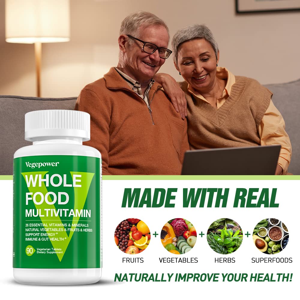 Whole Food Multivitamin for Men Women - with 65+ Vitamins, Minerals, Organic Nature Powder & Extracts - Whole Food Supplement for Energy, GUT, immune Health - All Natural, Non-GMO 90 Vegan tablets