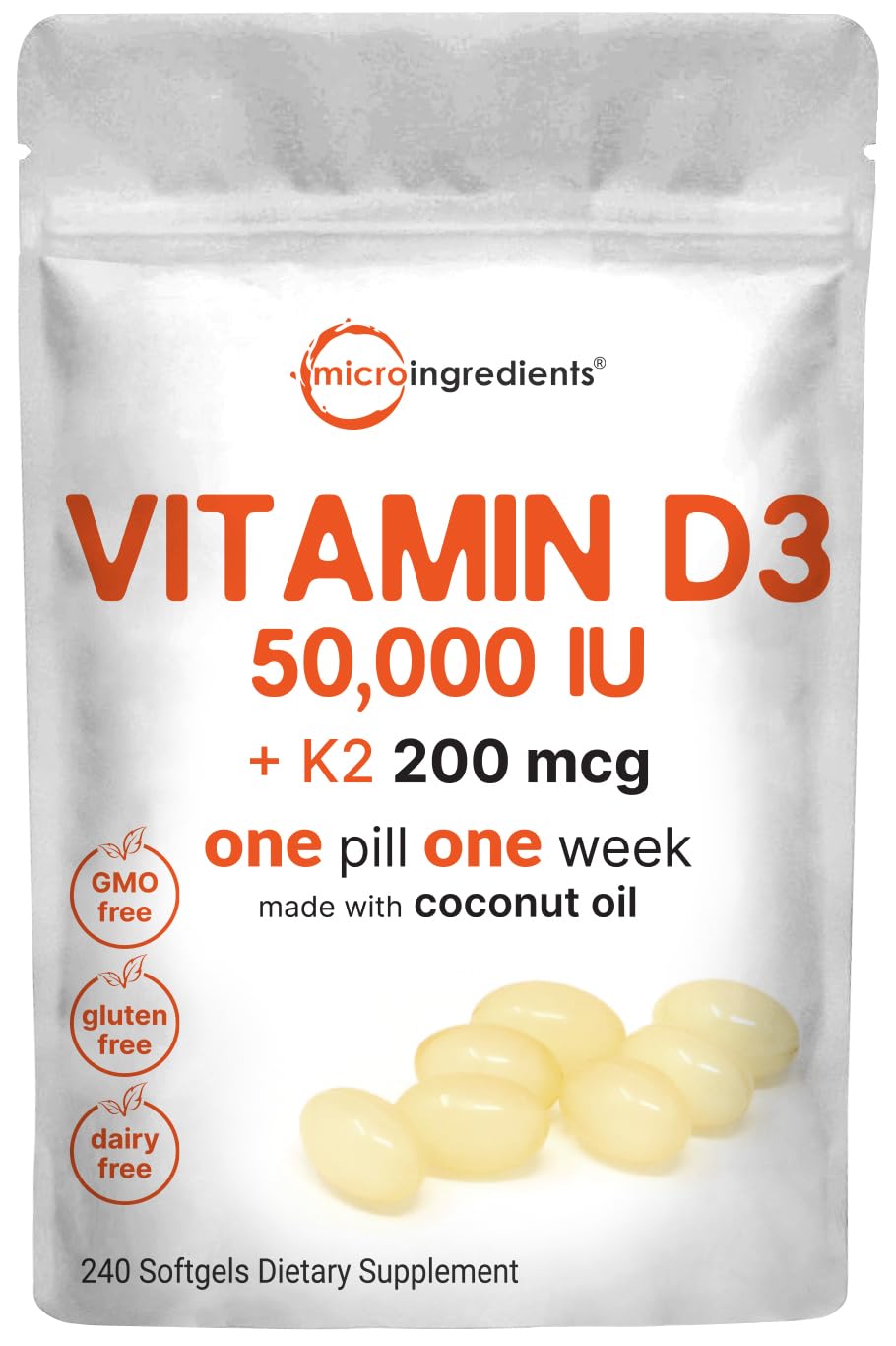 Vitamin D3 50,000 IU Plus K2 (MK-7) 200 mcg, 240 Virgin Coconut Oil Softgels | 2 in 1 Vitamins D & K Complex | Supports Calcium Absorption, Bone, Immune, & Heart Health | Easy to Swallow