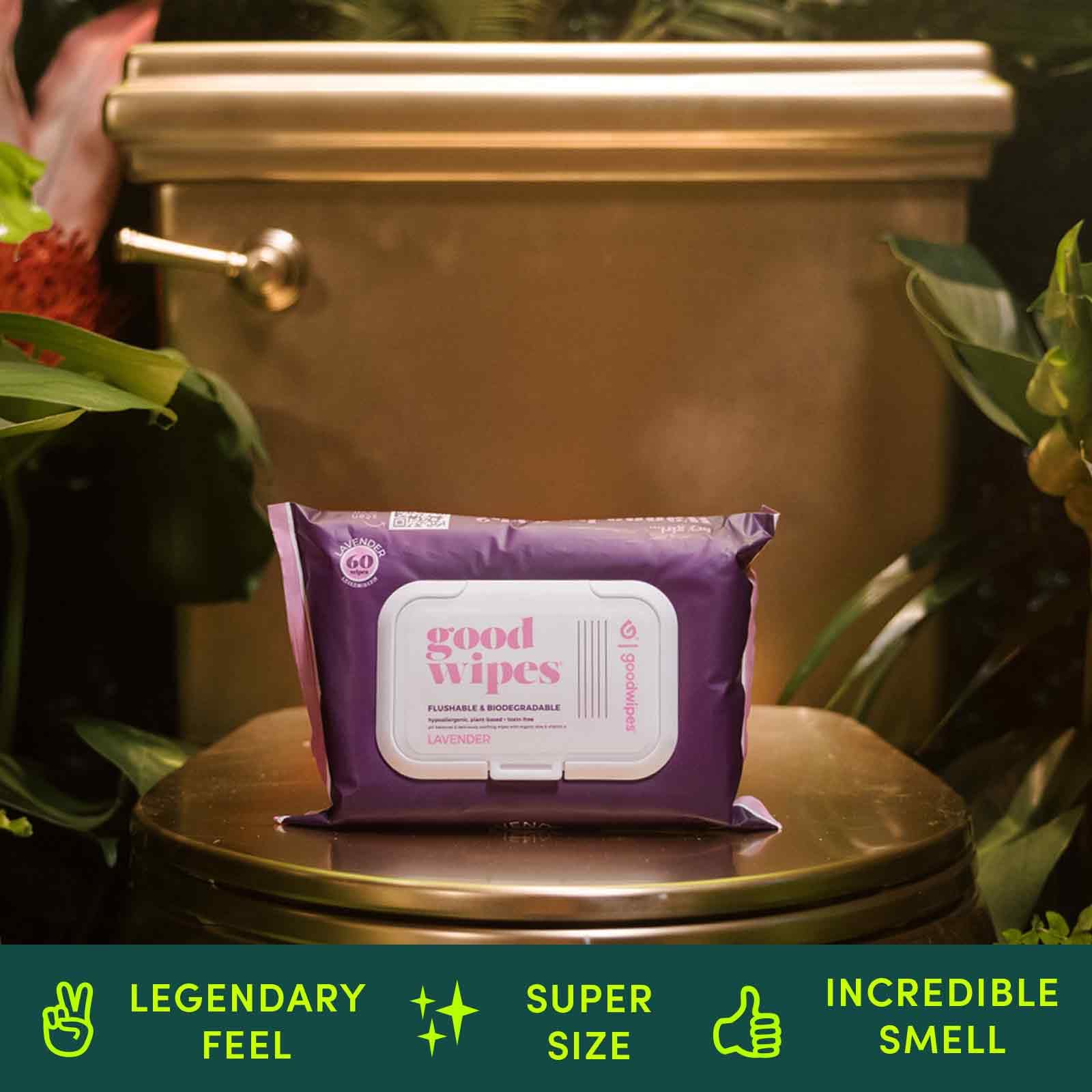 Goodwipes Flushable Butt Wipes Made w/ Soothing Botanicals & Aloe – Soft & Gentle Wet Wipe Dispenser for Home Use, Septic & Sewer Safe – Largest Adult Toilet Wipes – Lavender, 180 count (3 packs)