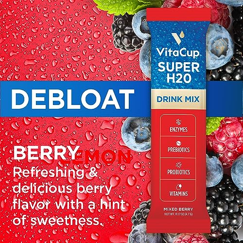 VitaCup Super H2O Bloating Relief and Digestive Health Drink Mix Packets, Probiotics, Prebiotics, C & B Vitamins, Mixed Berry Flavor Water Enhancer Packets, 16Ct