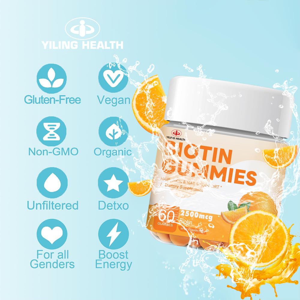 YILING Hair Gummies Vitamins Extra Strength Biotin 2500mcg, Vitamins C, E for Women & Men - Vegan Gummies Hair, Skin & Nails Biotin Supplement, Sweet Orange Flavor -60 Count