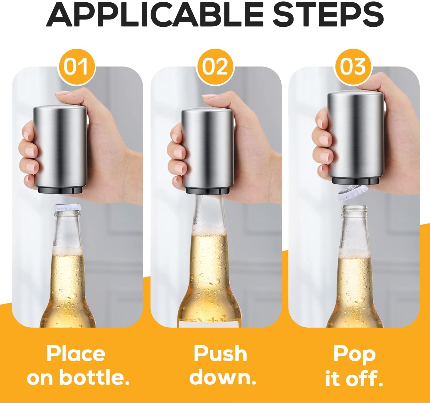 3PCS Premium Automatic Beer Bottle Opener, Magnet Stainless Steel Push Down Off Soda Lid Open Magnetic Catching No Damage Caps, Portable Pop the Top Bar Tools for Home Wine Accessories Picnic Camping