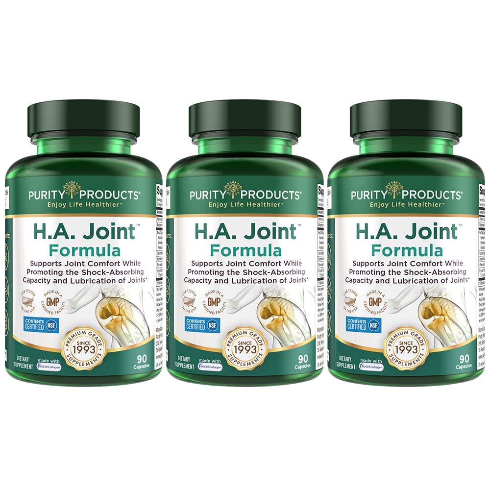 Purity Products HA Joint Formula Hyaluronic Acid + Key CoFactors - Joint + Skin Multi Collagen (Type I, II & III) - 5-Loxin - Olive Fruit Extract - Joint Flexibility + Mobility - 90 Capsules (3)