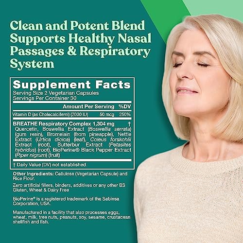 Breathe Inhaler Support Supplement – Sinus, Lungs, Open & Clear Airways – Seasonal Nasal Health, Bronchial Wellness, Healthy Chest – Quercetin, Vitamin D, Bromelain Pills – 60 Vegetarian Soft Capsules