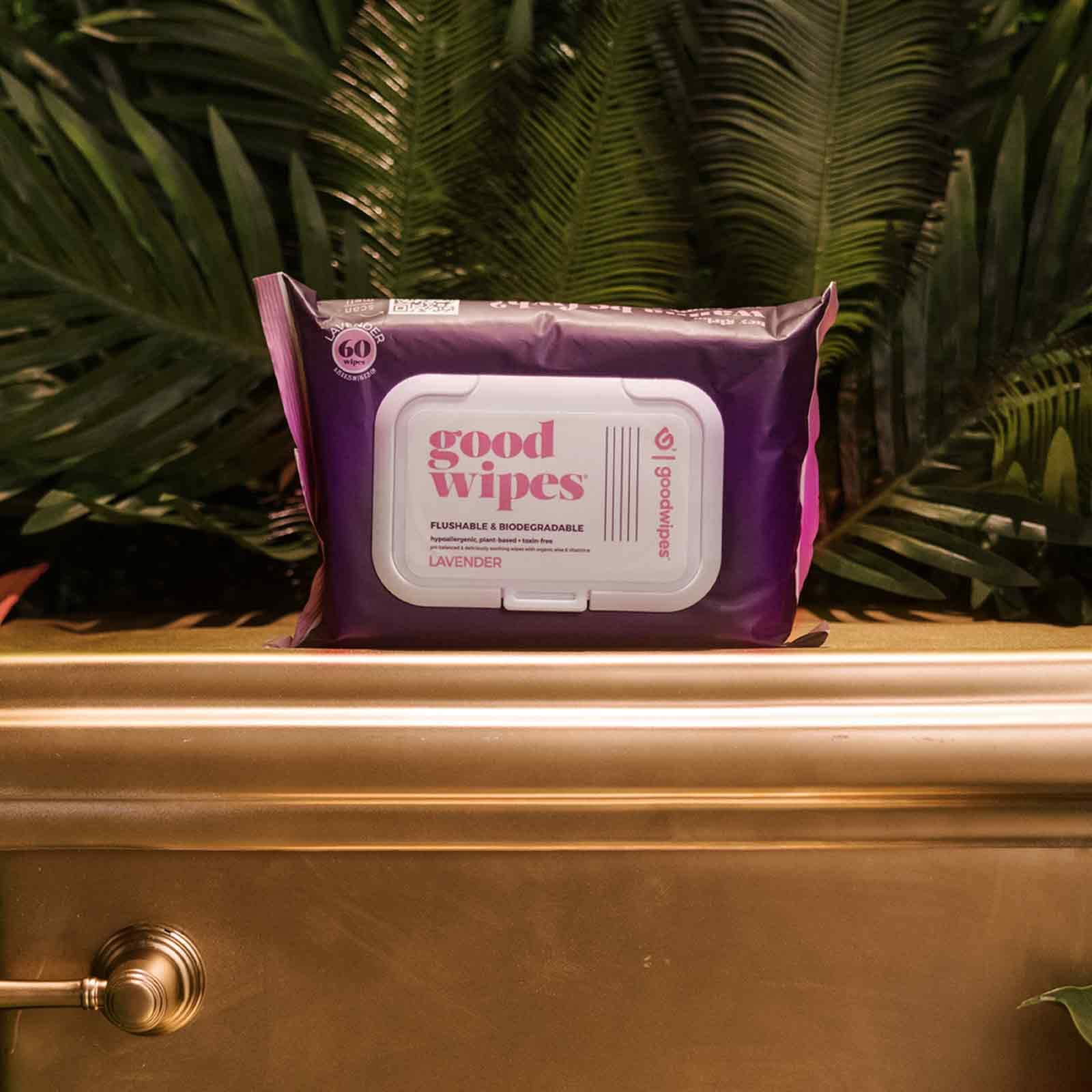 Goodwipes Flushable Butt Wipes Made w/ Soothing Botanicals & Aloe – Soft & Gentle Wet Wipe Dispenser for Home Use, Septic & Sewer Safe – Largest Adult Toilet Wipes – Lavender, 180 count (3 packs)