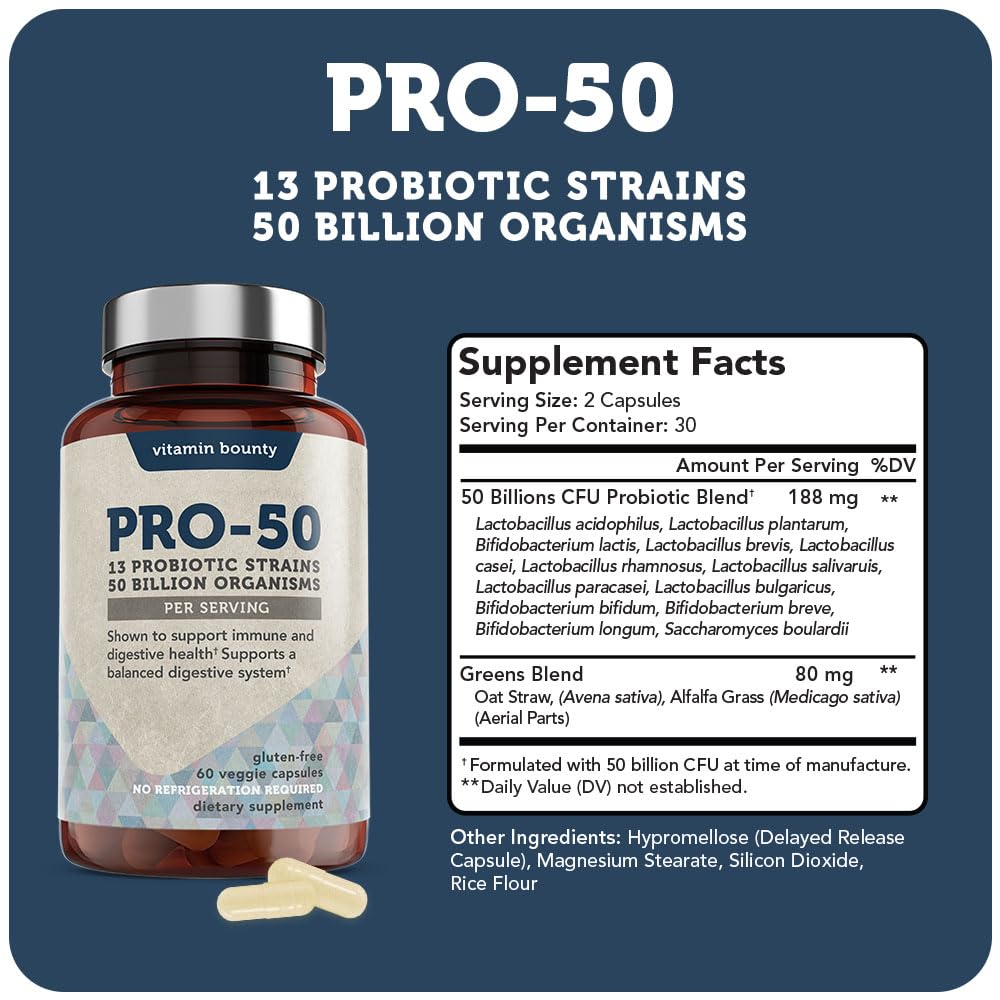 Vitamin Bounty Pro-50 Probiotics - 13 Probiotic Strains, Gut Health, Digestive Health, Probiotic for Women and Men, Delayed Release Capsule with Prebiotic Greens - 60 Capsules