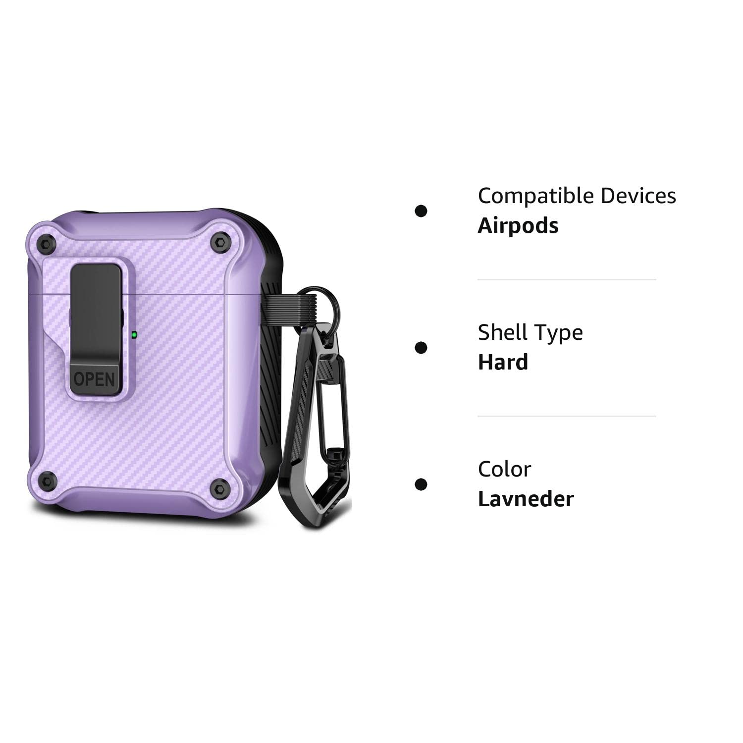 R-fun Airpods Case Cover with Automatic Secure Lock Clip, Protective Rugged Hard Shell for Apple Airpods 2nd & 1st Generation Charging Case with Carbon Fiber Keychain-Lavneder