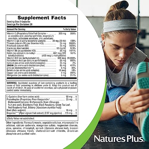 NaturesPlus Hema-Plex Iron - 60 Fast-Acting Vegetarian Capsules - 85 mg Chelated Iron - Total Blood Health - with Vitamin C & Bioflavonoids - Vegan, Gluten Free - 20 Servings