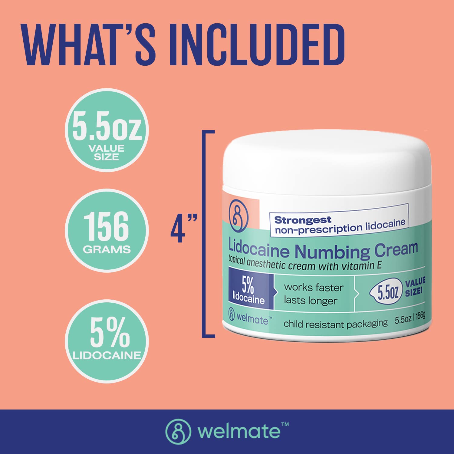 WELMATE | 5% Lidocaine | Numbing Cream Maximum Strength | Topical Anesthetic | Aches, Back Pain, Itching, Soreness, Burning, Tattoos, & Bruises | Unscented | Vegan | Child Resistant Packaging | 5.5 Oz