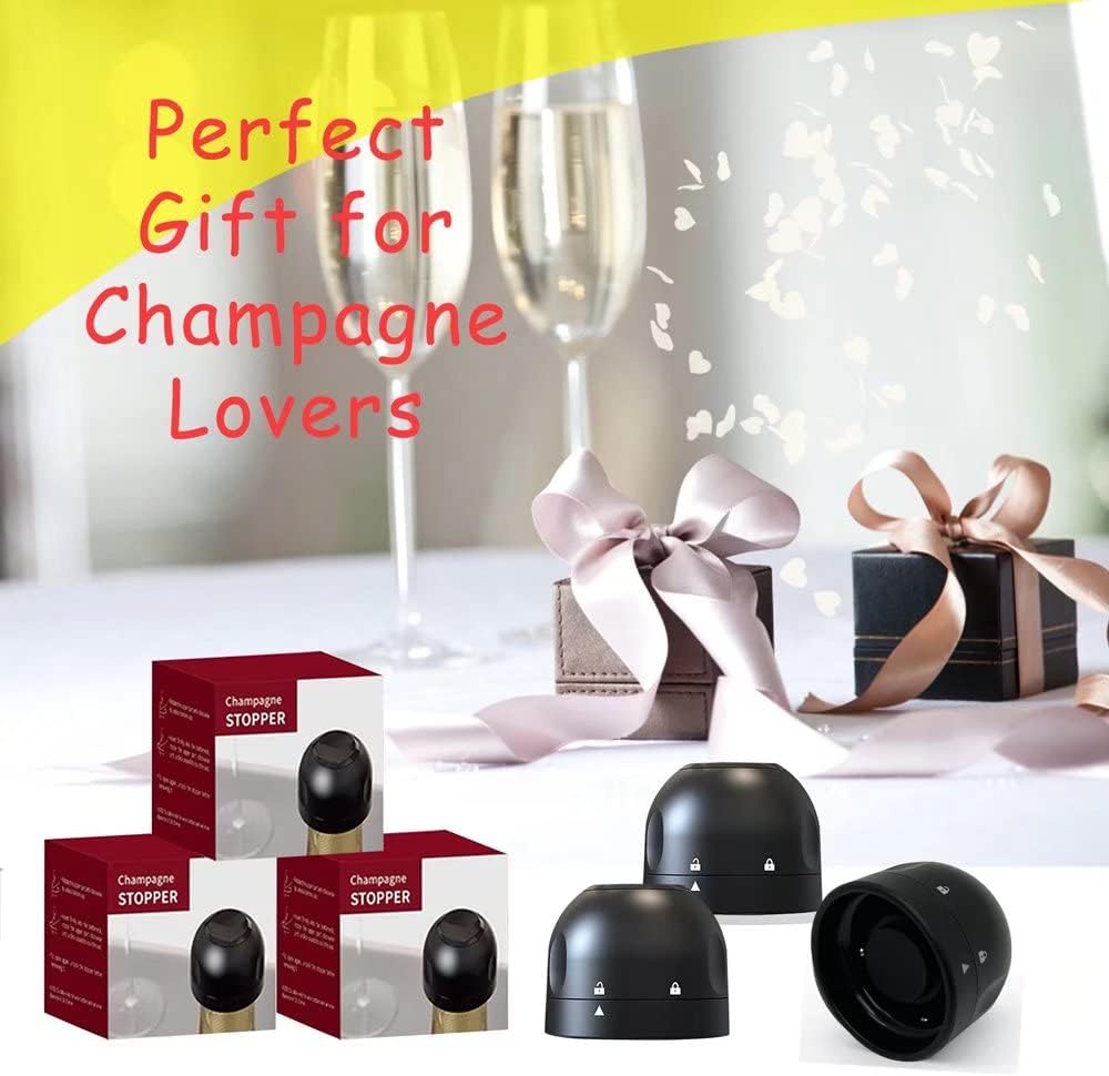 Champagne Stopper 3Pack Black, Leakproof Champagne Stoppers, Professional Champagne Saver Bottle Stopper, Keep Champagne Fresh Perfect for Champagne, Cava, Prosecco & Sparkling Wine