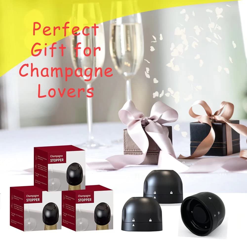 Champagne Stopper 3Pack Black, Leakproof Champagne Stoppers, Professional Champagne Saver Bottle Stopper, Keep Champagne Fresh Perfect for Champagne, Cava, Prosecco & Sparkling Wine