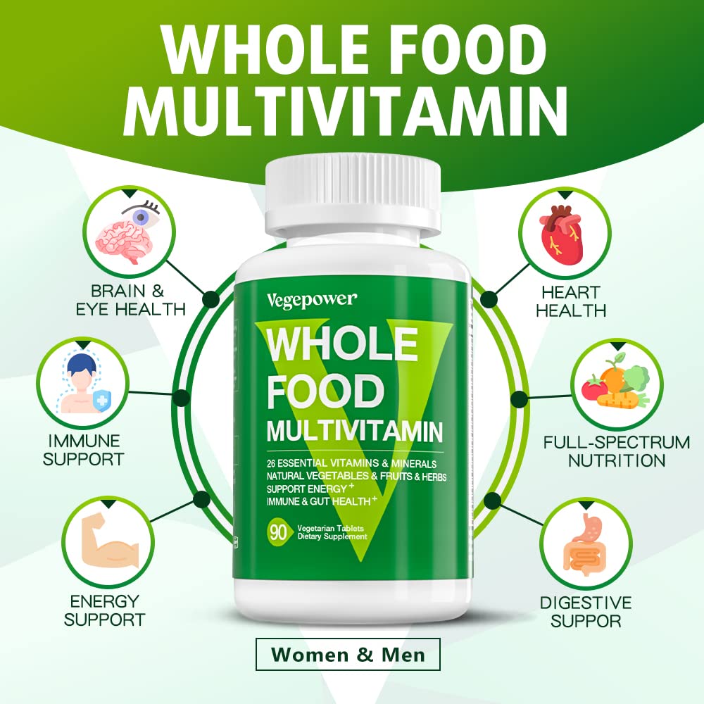 Whole Food Multivitamin for Men Women - with 65+ Vitamins, Minerals, Organic Nature Powder & Extracts - Whole Food Supplement for Energy, GUT, immune Health - All Natural, Non-GMO 90 Vegan tablets