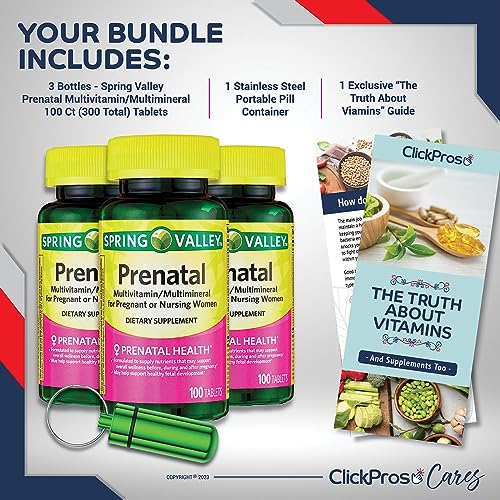 Spring Valley Prenatal Multivitamin/Multimineral for Pregnant and Nursing Women Dietary Supplement Tablets, 100 Count 3 Pack Bundle (300 Total) - Includes Vitamin Guide and Pill Container (5 Items)!