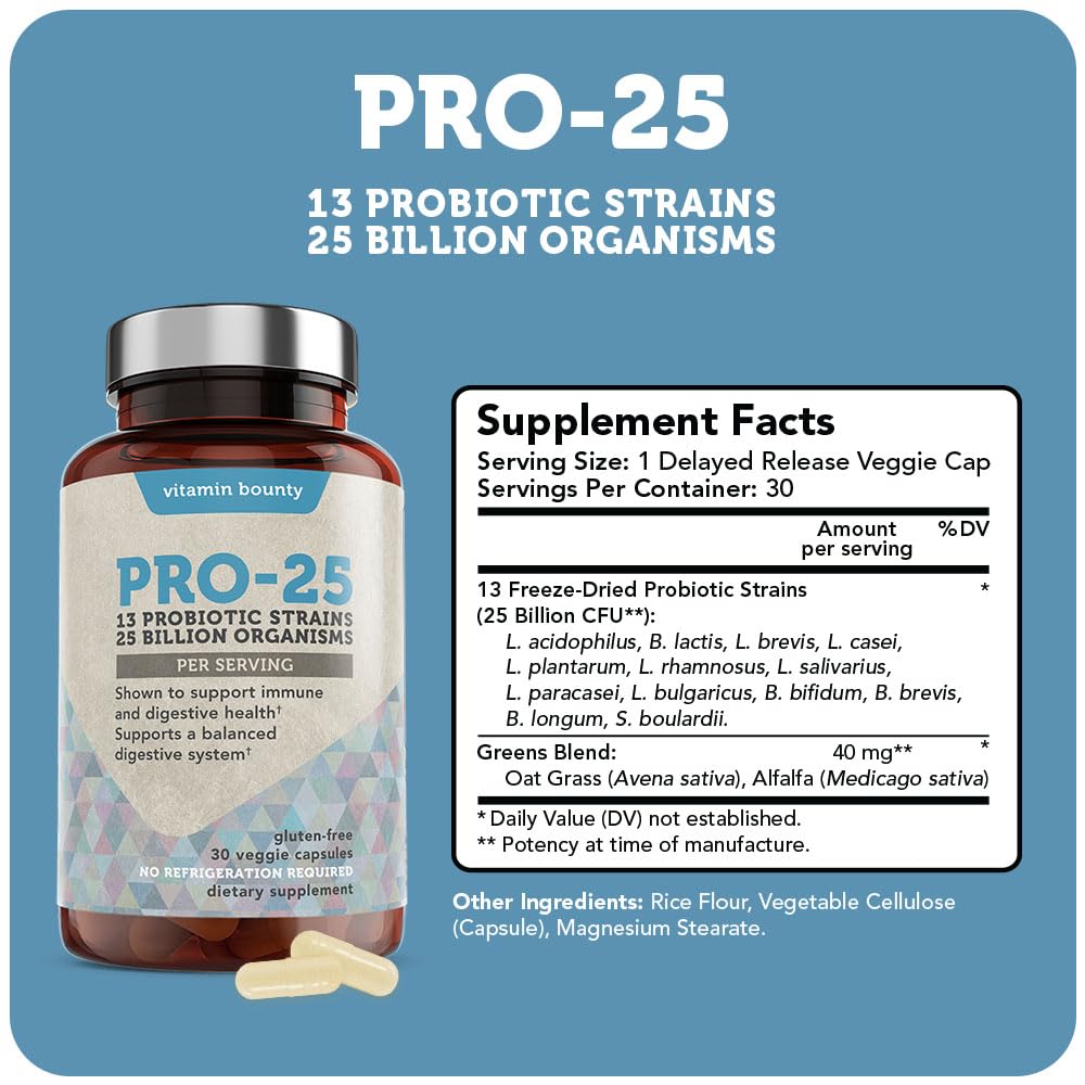 Vitamin Bounty Pro-Daily Probiotic - 13 Probiotic Strains, Gut Health, Digestive Health, Including Lactobacillus Acidophilus, Probiotic for Women and Men (Pro-25 Probiotics)