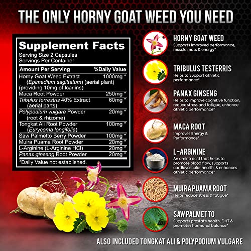 Super Strength 1590mg Horny Goat Weed 120 Capsules With Maca Arginine & Ginseng - Naturally Boost your Health, Workout Performance, Endurance & Energy, Joint Health For Men & Women (120C)