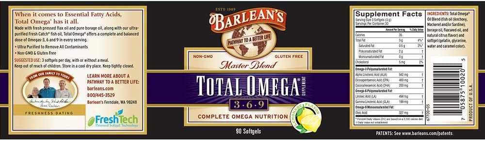 Barlean's Total Omega 3 6 9 Softgels, Blended Fish Oil Supplement with Borage and Flaxseed Oil, 1,000 mg Omegas ALA, EPA, DHA and GLA for Joint Support Supplements and Heart Health, 90 Count