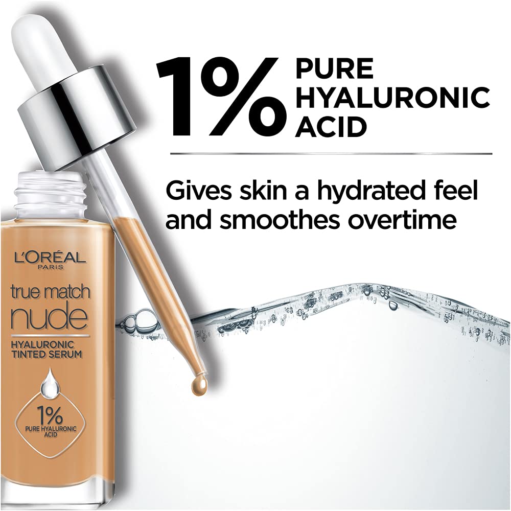 L'Oréal Paris True Match Nude Hyaluronic Tinted Serum Foundation with 1% Hyaluronic acid, Medium Tan 5-6, 1 fl. oz.