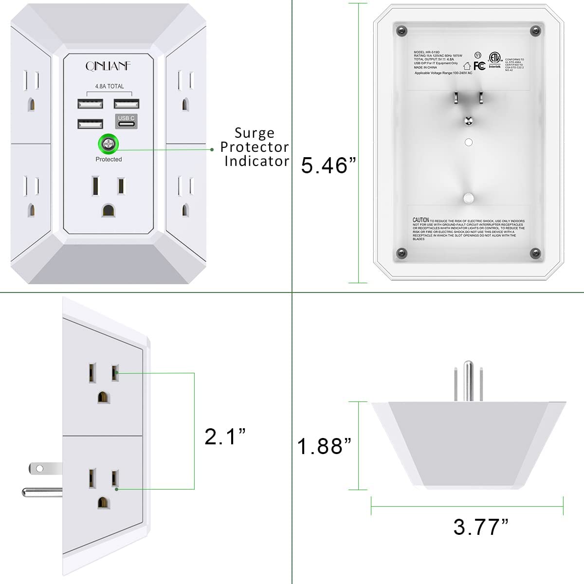 Wall Charger, Surge Protector, QINLIANF 5 Outlet Extender with 4 USB Charging Ports (4.8A Total) 3-Sided 1680J Power Strip Multi Plug Adapter Spaced for Home Travel Office (3U1C)