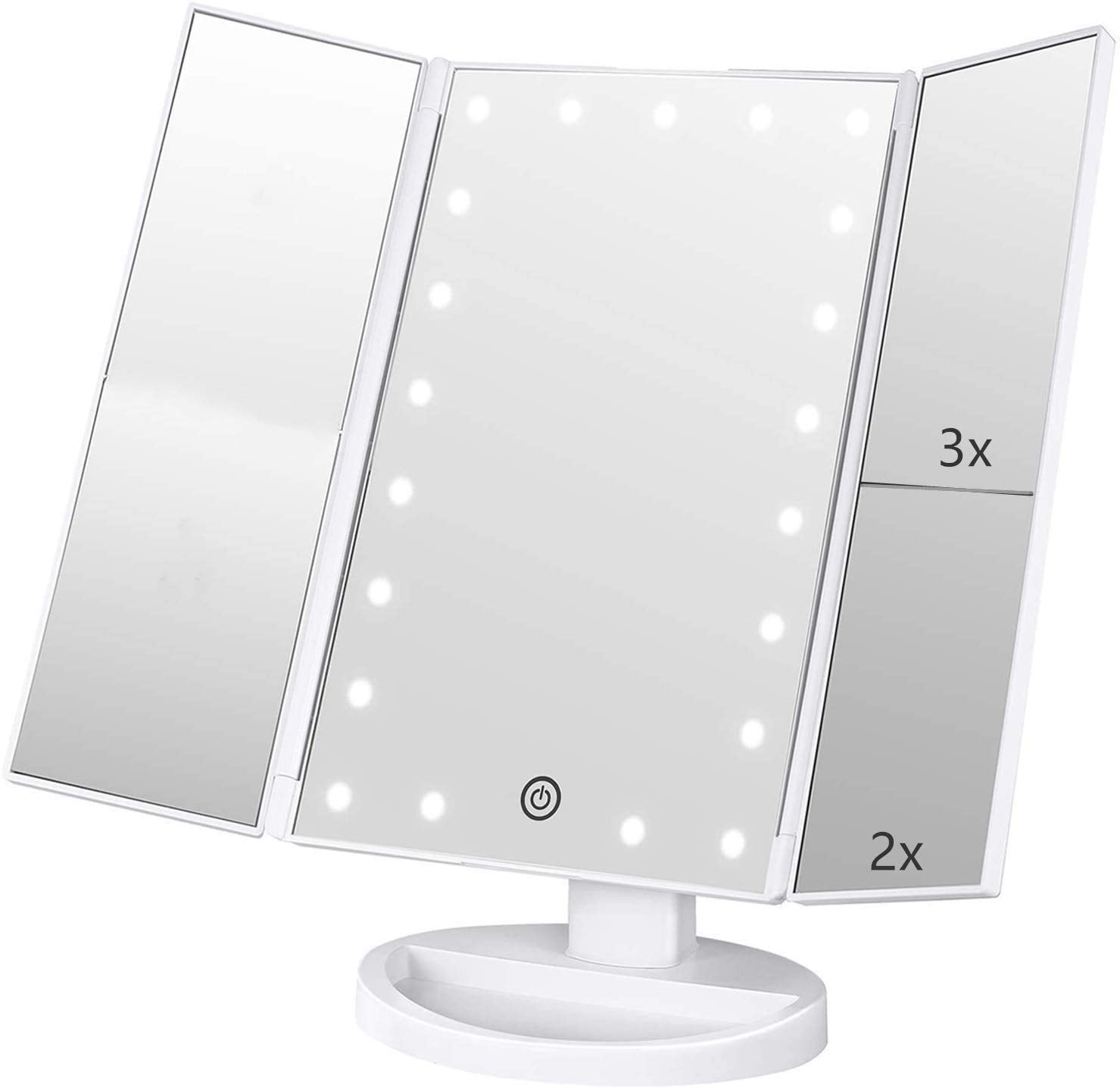 Infitrans 3 Folds Lighted Vanity Makeup Mirror,1X/2X/3X Magnification, 21 LED Light Bright Table Mirror with Touch Screen,180 Adjustable Rotation,Portable Travel Cosmetic Mirror