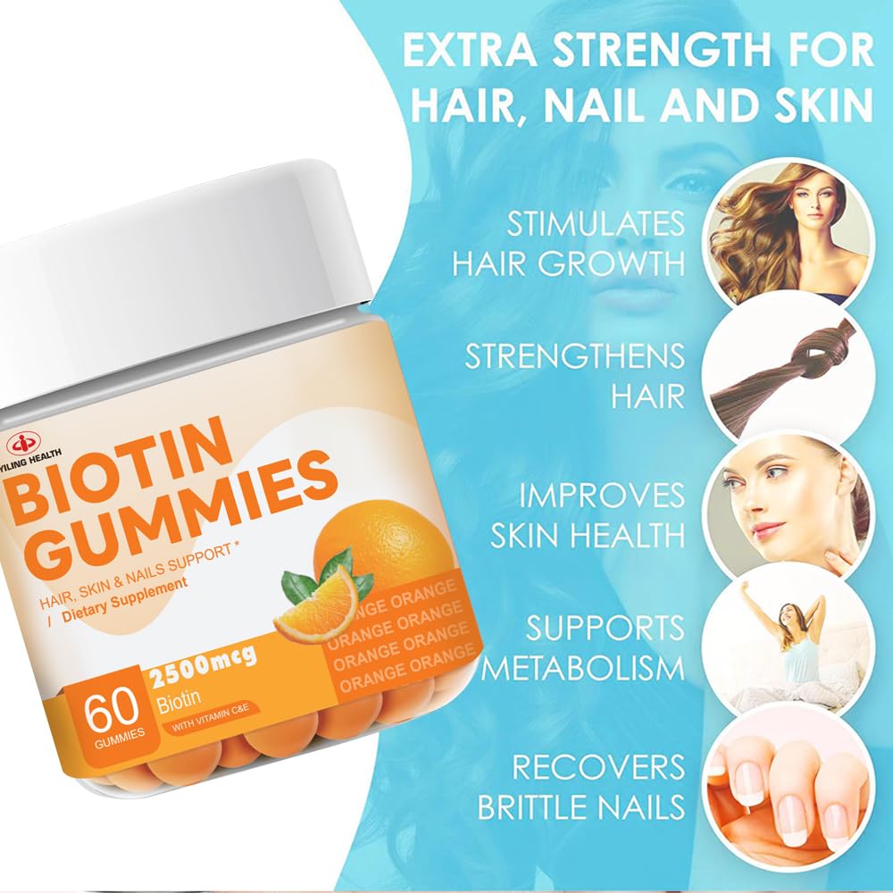 YILING Hair Gummies Vitamins Extra Strength Biotin 2500mcg, Vitamins C, E for Women & Men - Vegan Gummies Hair, Skin & Nails Biotin Supplement, Sweet Orange Flavor -60 Count