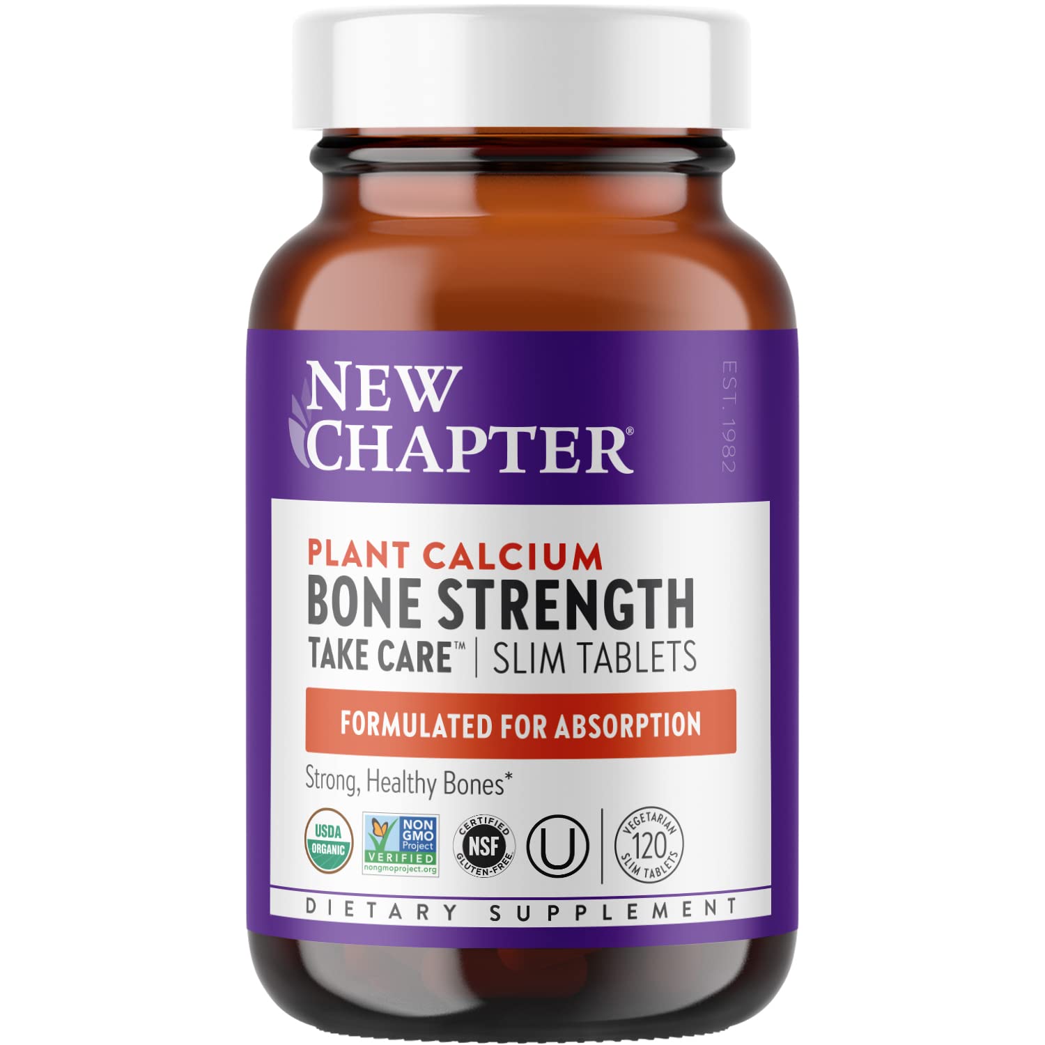 New Chapter Calcium Supplement - Bone Strength Organic Red Marine Algae Calcium - with Vitamin D3+K2 + Magnesium, 70+ Trace Minerals for Bone Health, Gluten Free, Easy to Swallow - 120 Slim Tablets