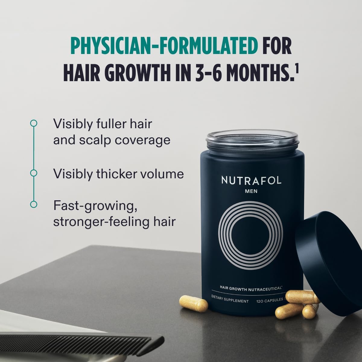 Nutrafol Men's Hair Growth Supplement and Collagen Peptides Powder, Physician-formulated for Visibly Thicker, Stronger Hair, Dermatologist Recommended - 1 Month Supply, 12 oz Bottle