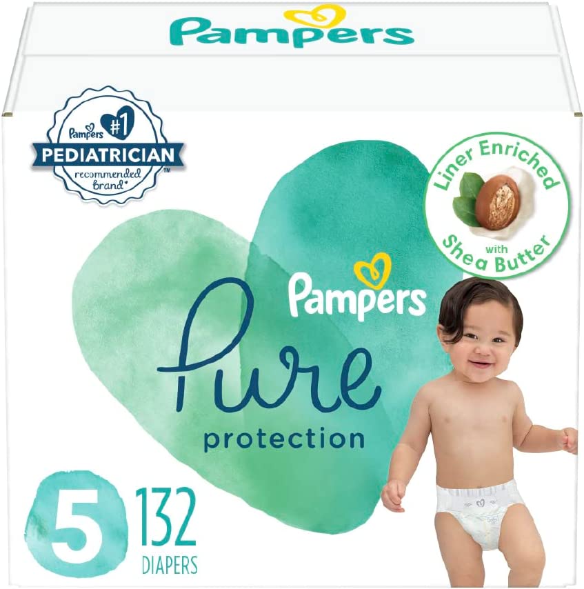 Diapers Size 5, 132 Count - Pampers Pure Protection Disposable Baby Diapers, Hypoallergenic and Unscented Protection (Packaging & Prints May Vary)