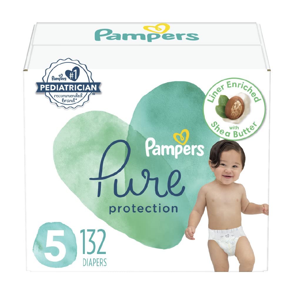 Diapers Size 5, 132 Count - Pampers Pure Protection Disposable Baby Diapers, Hypoallergenic and Unscented Protection (Packaging & Prints May Vary)