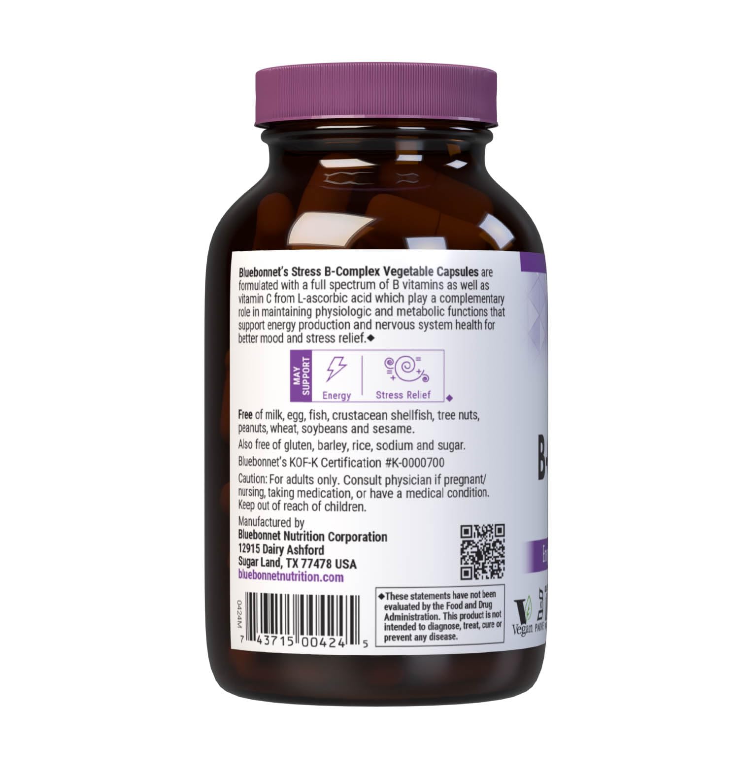 Bluebonnet Nutrition Stress Relief B Complex Vegetable Capsules, Vitamin B6, B12, Biotin, Folate, Vegan, Gluten & Soy & Milk Free, Kosher, Unflavored, 100 Count