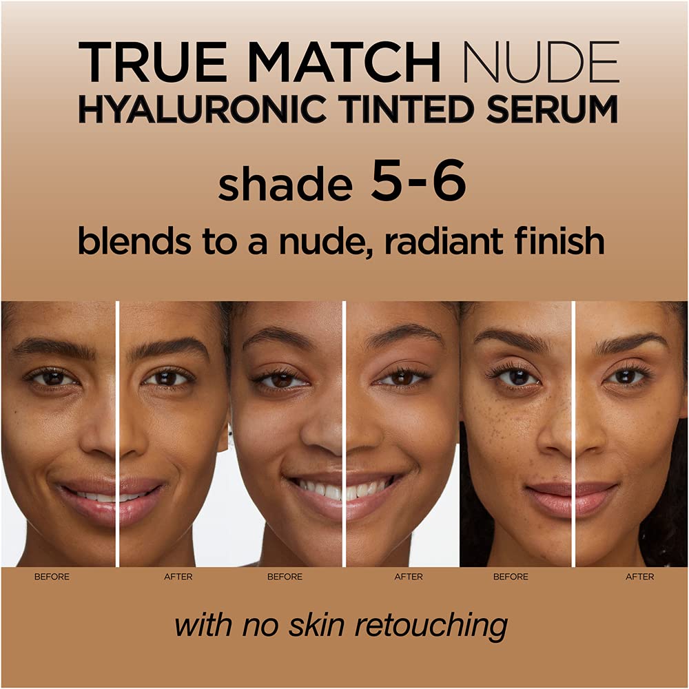 L'Oréal Paris True Match Nude Hyaluronic Tinted Serum Foundation with 1% Hyaluronic acid, Medium Tan 5-6, 1 fl. oz.