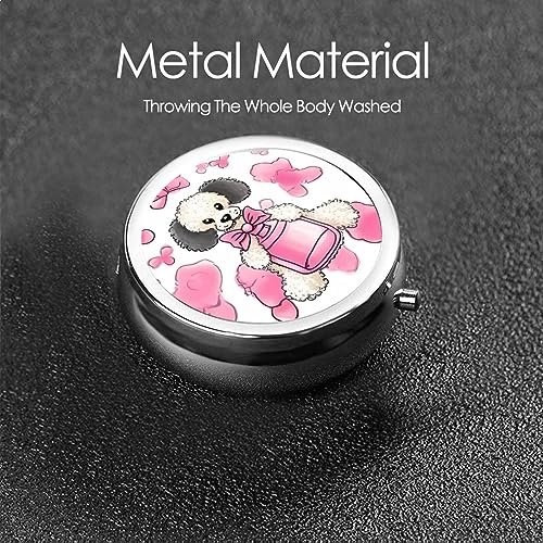 Round Pill Box Pink Perfume Bottle and Poodle Cute Small Pill Case 3 Compartment Pillbox for Purse Pocket Portable Pill Container Holder to Hold Vitamins Medication Fish Oil and Supplements