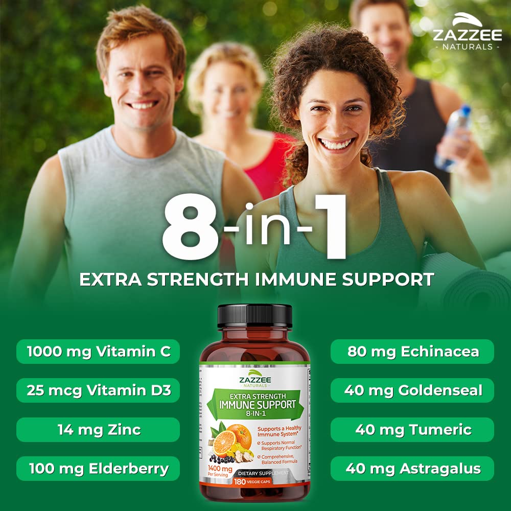 Zazzee Extra Strength 8-in-1 Immune Support, 1400 mg per Capsule, 180 Vegan Capsules, 1000 mg Vitamin C, 1000 IU mg D3, Zinc, Elderberry, Echinacea, Goldenseal, Turmeric and Astragalus, All-Natural