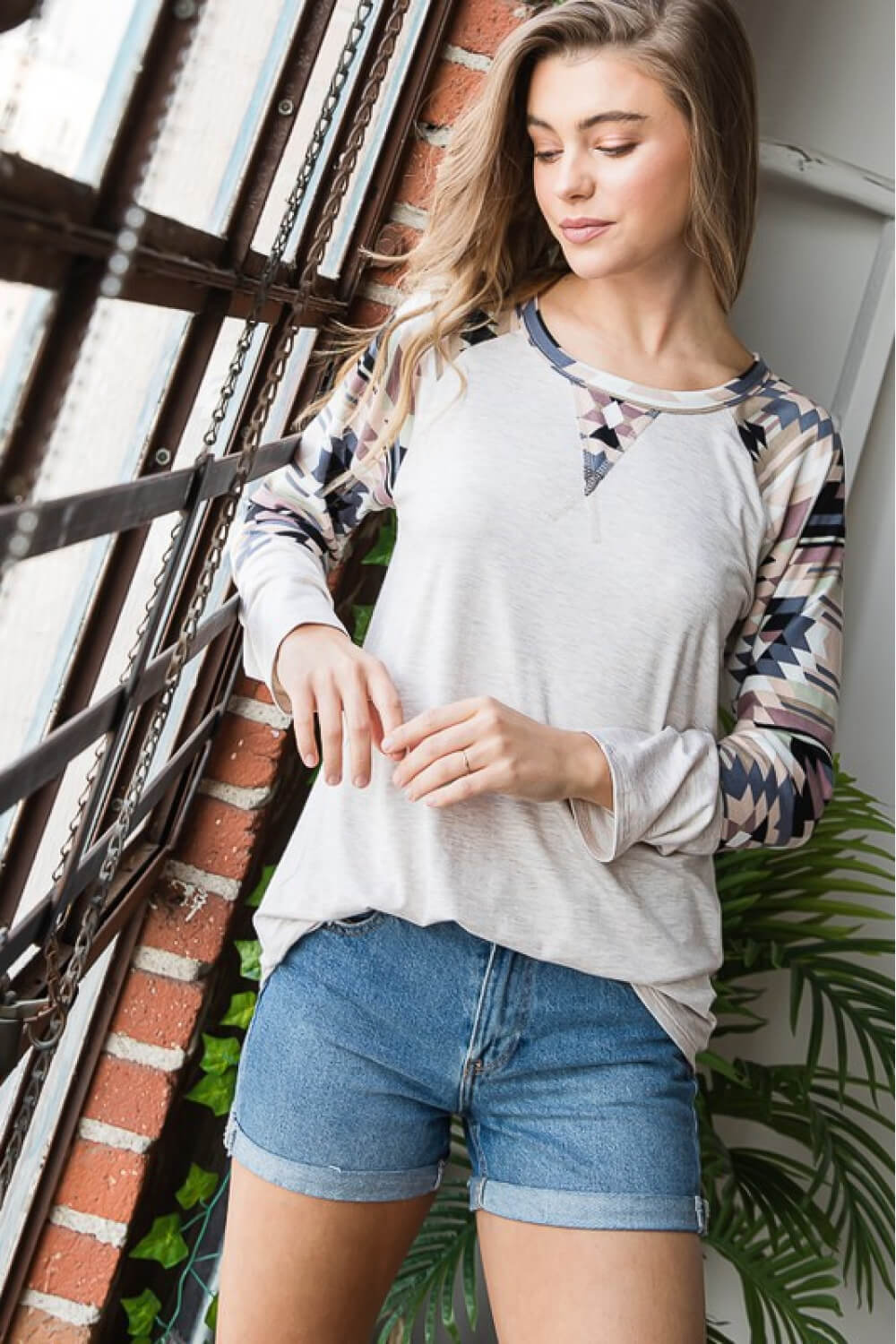 Aztec Contrast Raglan Sleeve Top