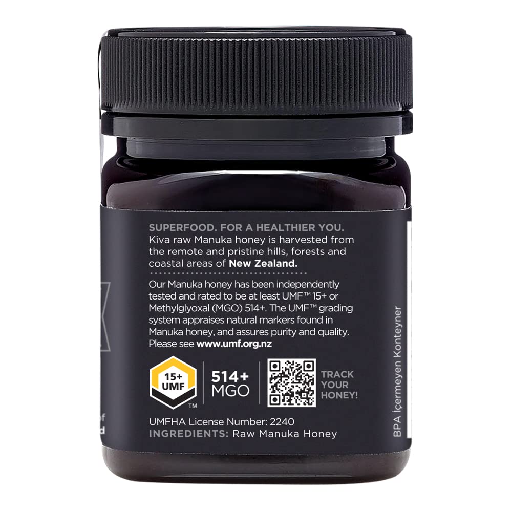 Kiva Raw Manuka Honey, Certified UMF 15+ | MGO 514+ | 100% Pure Genuine New Zealand (8.8oz/250g Bottle) | Non-GMO | No Antibiotics | Traceable | UMF & MGO Certified