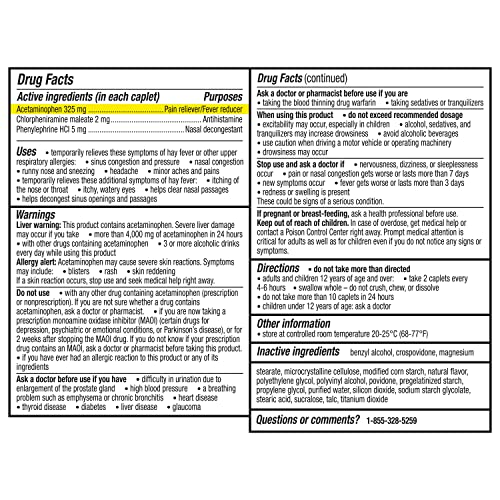 Flonase Headache and Allergy Relief Caplets with Acetaminophen 650 mg, Chlorpheniramine Maleate 4 mg and Phenylephrine HCl 10 mg Per 2 Caplet Dose - 48 Caplets