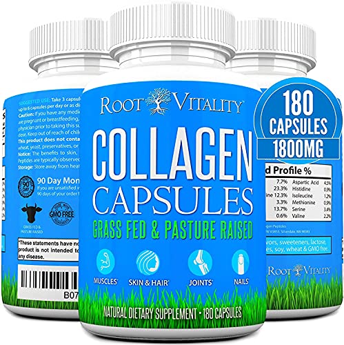 Root Vitality Collagen Capsules - Collagen Pills, 180 Count, for Skin, Hair, Nails & Joints, Collagen Supplements for Women & Men, Grass Fed, Non-GMO, Collagen Peptides Pills