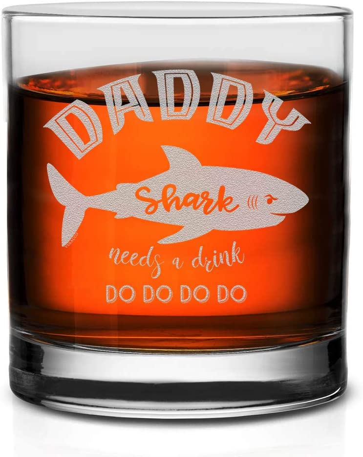 Veracco Daddy Shark Needs a Drink Whiskey Glass Funny BirthdayGifts Fathers Day For Dad (Clear, Glass)