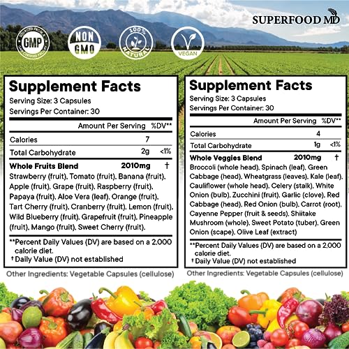 Superfood MD Fruits and Veggies Supplement - 90 Fruit and 90 Veggie Capsules - Supports Energy Balance, High Lycopene, Vitamins & Minerals -Made in The USA - 90 Count (Pack of 2)