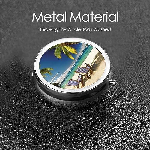 Beach Palm Tree Chairs Boats Print Round Pill Box 3 Compartment Medicine Pill Case Portable Pill Container for Daily Medicine Supplement Vitamin