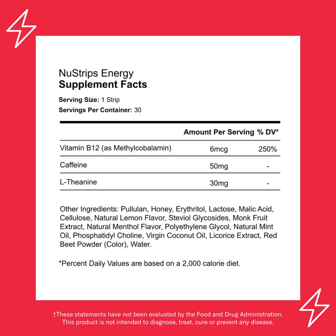 NuStrips Energy | Natural, Instant Energy Strips with 50mg Caffeine, L-Theanine, Vitamin B12 | 30 Energy Strips = 30 Energy Drinks | 5X Faster Absorption