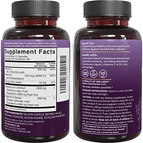 Viva Naturals Elderberry with Vitamin C and Zinc for Adults - 5 in 1 Sambucus Black Elderberry Capsules with Vitamin D3 5000 IU, Elderberries Immune Support Supplement 2 Months Supply Pills