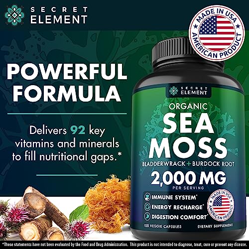 Organic Sea Moss Capsules - Burdock Root, Irish Moss and Bladderwrack Capsules - Immune System, Gut Cleanse & Thyroid Supplement - 120 Pills with All-Natural Sea Moss Powder