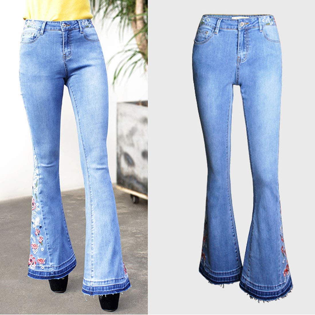 Womens Chic Floral Embroidered High-Rise Bell Bottom Flare Jeans Broad, Denim