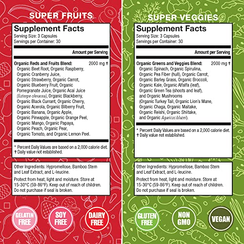 TERRA KAI ORGANICS Organic Super Fruit & Veggies Supplement Gluten/Gelatin Free, Non GMO, Soy Free & Vegan | Reds & Greens Superfood Capsules | 23 Fruits & 16 Vegetables (180 Count) (Fruit & Veggies)