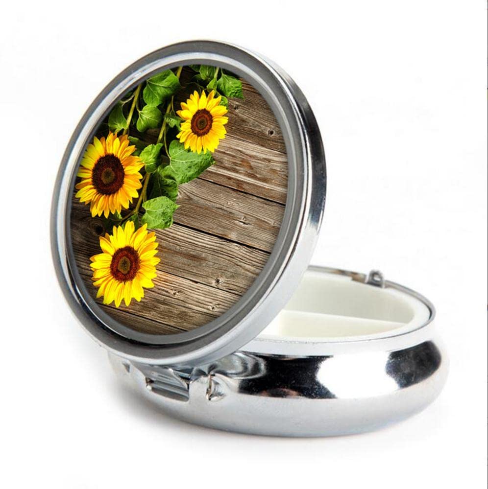 Pill Box,Sunflower Round Pill Box 3 Compartment Decorative Pocket Purse Portable Mini Travel Medicine Tablet Vitamin Holder Organizer Pill Case