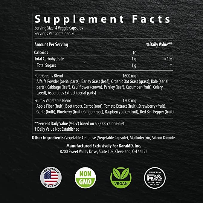 KaraMD Pure Nature | Greens, Fruits & Vegetables Whole Food Supplement | Vitamins, Fiber & Antioxidants | Support Energy, Digestion & Immunity | Non-GMO, Gluten Free & Vegan Friendly (30 Servings)