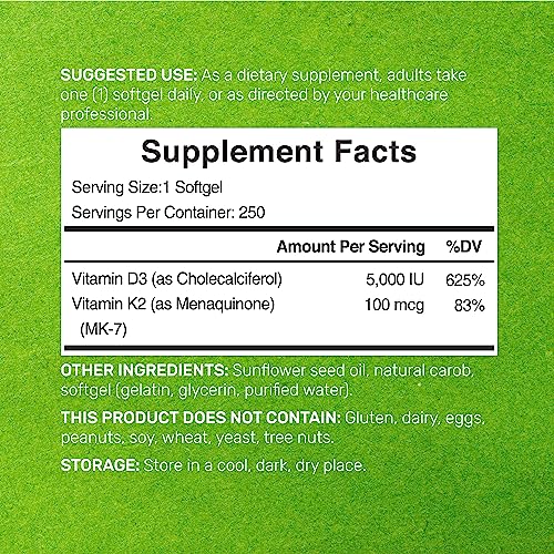 DEAL SUPPLEMENT Vitamin D3 K2 Softgel, 250 Count, 2-1 Complex, Vitamin D3 5000 IU & Vitamin K2 MK7, Promotes Heart, Bone & Teeth Health – Very Easy to Swallow